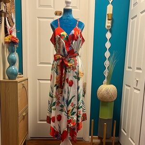 New York & Company Red Floral Asymmetrical Dress